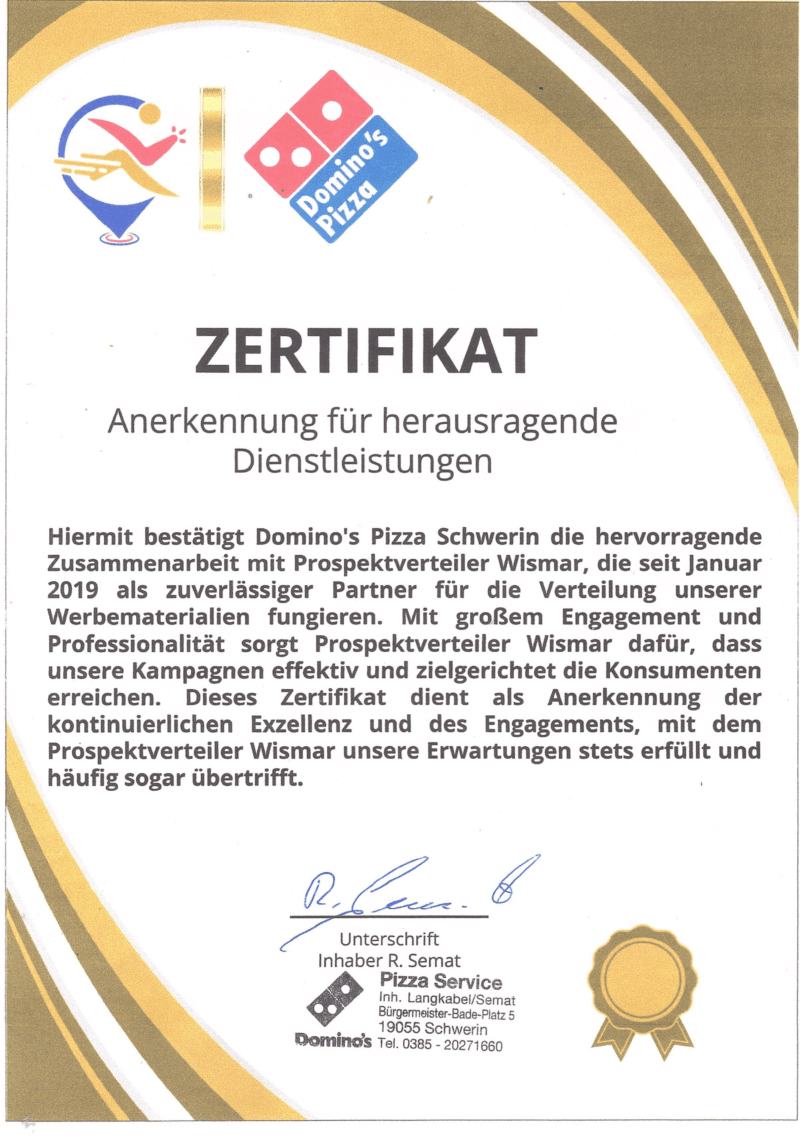 Auszeichnung Dominos Pizza Schwerin an Prospektverteiler Wismar
